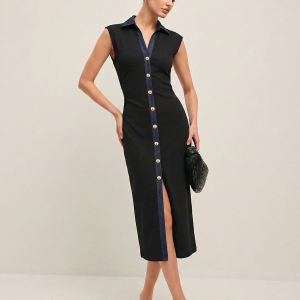 Denim Panel Sleeveless Buttoned Midi Dress