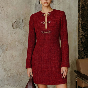 Metal Buckle Tweed Mini Dress