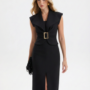 Sleeveless Buckle Split Midi Bodycon Dress