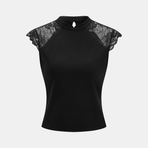 Lace Cap Sleeve Mandarin Collar Blouse