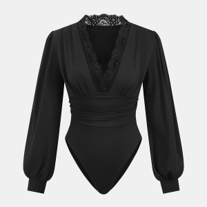 Lace Trim V-Neck Ruched Bodysuit