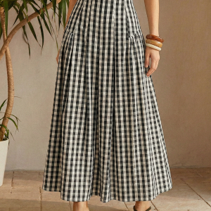 Gingham High-Waisted Pleated Midi Skirt