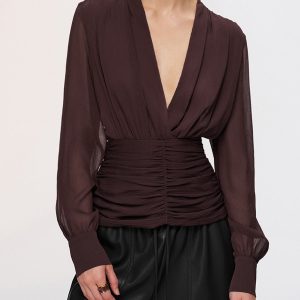 Semi-Sheer Ruched Deep V-Neck Blouse