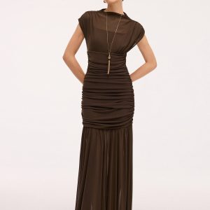 Semi-Sheer Ruched Mesh Cap Sleeve Maxi Dress