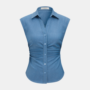 Button-Front Ruched Sleeveless Shirt