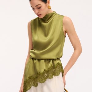 Lace Trim Satin Sleeveless Blouse