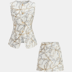 Printed Metal Button Vest & Mini Skirt Set