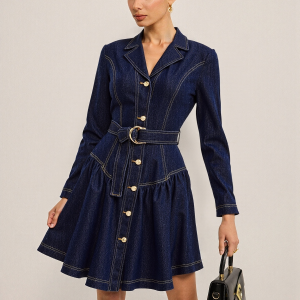 Metal Button Belted Denim Flare Mini Dress