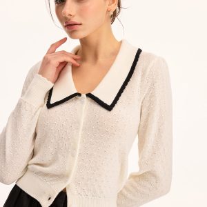 Wool Blend Collared Pointelle Knit Cardigan