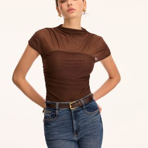 Mesh Ruched Mock Neck Top