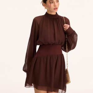 High Neck Waist-Cinching Chiffon Mini Dress