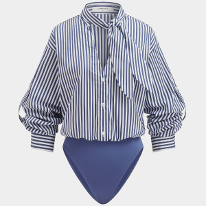 Cotton Blend Striped Tie-Neck Bodysuit