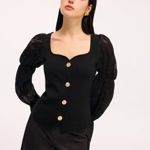 Metal Button Puff Sleeve Knit Square Neck Top