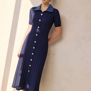 Denim Collar Ribbed Knit Midi Dress