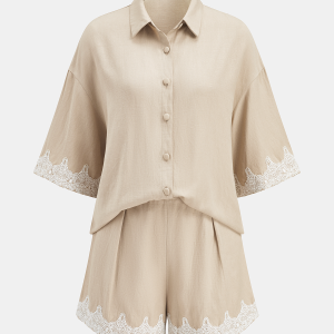 Linen Blend Lace Trim Shirt & Shorts Set