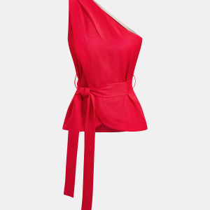 One Shoulder Linen Blend Belted Top