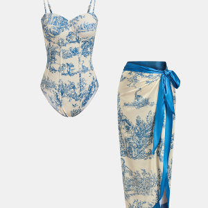 Toile Print One-Piece Swimsuit & Wrap Skirt Set