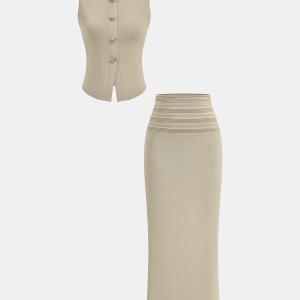 Sleeveless Knit Vest & Midi Skirt Set