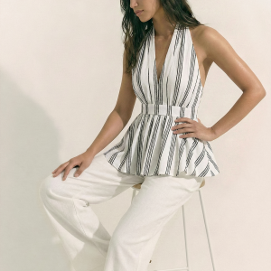 Cotton Striped Halter Peplum Tank Top