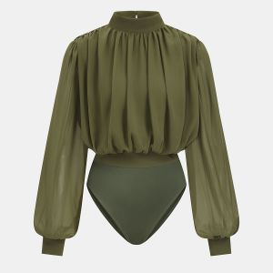 Semi-Sheer Puff-Sleeve Ruched Bodysuit