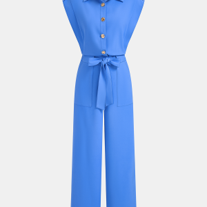 Sleeveless Collared Tie Waist Wide-Leg Jumpsuit
