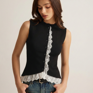 Lace Trim Button Front Knit Vest