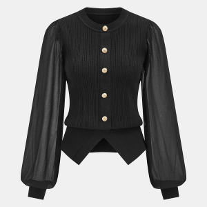 Sheer Sleeve Metal Button Ribbed Knit Cardigan