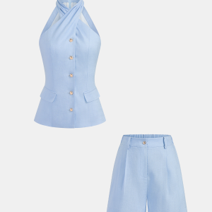 Tencel Blend Halter Buttoned Vest & Shorts Set