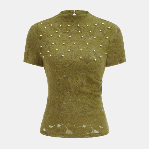 Pearl Embellished Lace Short Sleeve Top