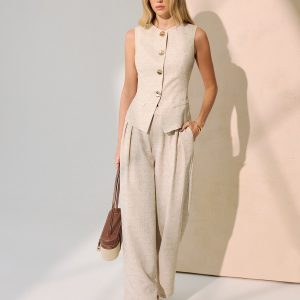 Metal Button Vest & Wide-Leg Pants Set