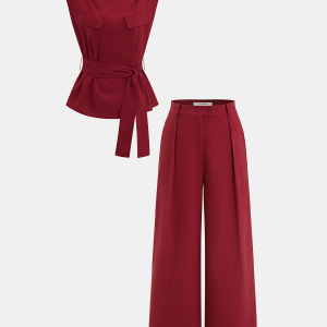 Belted Sleeveless Top & Wide Leg Pants Set