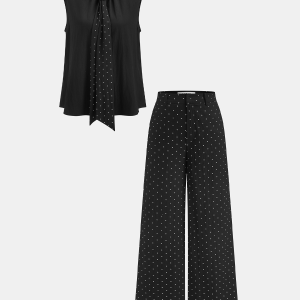 Polka Dot Tie Neck Top & Wide Leg Pants Set