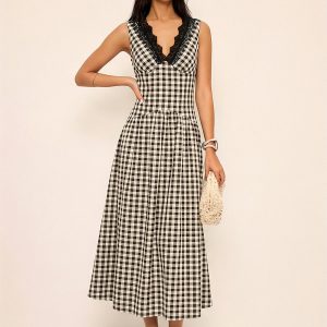 Sleeveless Lace Trim Gingham Maxi Dress