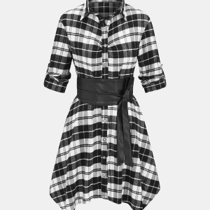 Adjustable Sleeve Waist-Cincher Plaid Shirt Dress