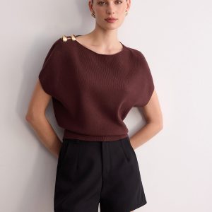 Metal Detail Batwing Sleeve Oversized Knit Top