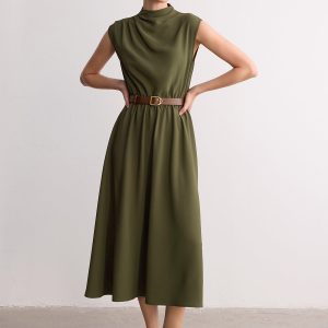 Sleeveless Mock Neck Belted Maxi Dress
