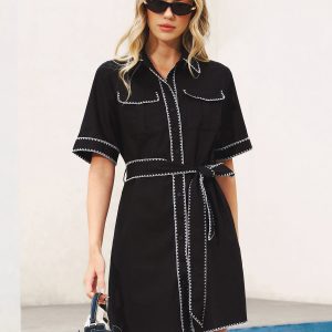 Contrast Stitch Belted Shirt Dress