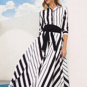 Striped Belted Shirt Midi Dress