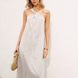 Halter Striped Cotton-Linen Maxi Dress