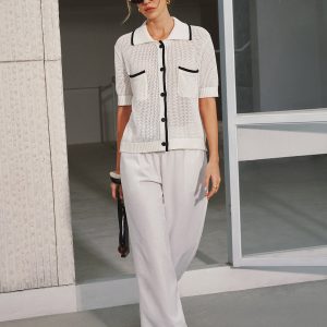 Collared Contrast Trim Open Knit Cardigan