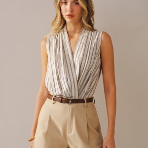 Cotton Linen Striped Sleeveless Wrap Bodysuit