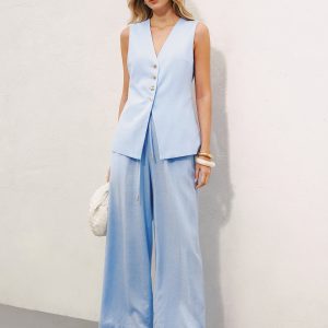 Linen Blend Vest & Wide-Leg Pants Set