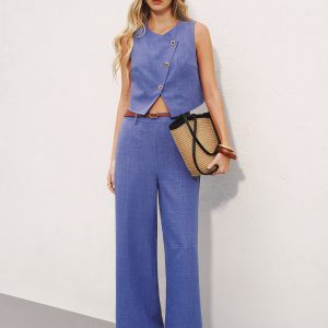 Sleeveless Button Top & Wide-Leg Pants Set
