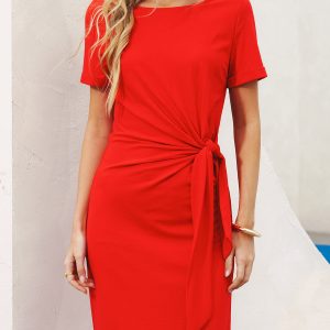 Short Sleeve Knot-Waist Midi Dress