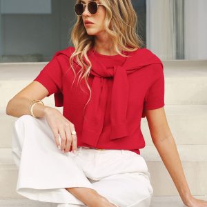 Wool Blend Scarf Detail Knit Short Sleeve Top