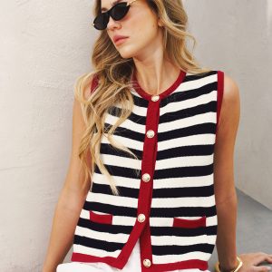 Striped Sleeveless Buttoned Sweater Vest