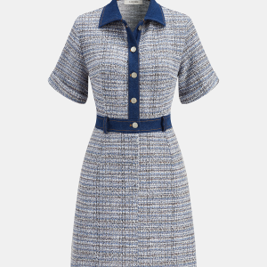 Denim Panel Tweed Mini Shirt Dress