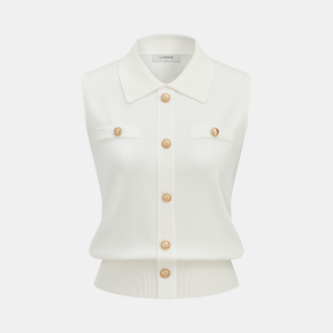 Metal Button Collared Sleeveless Knit Top