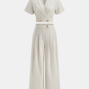 Cotton Linen Crop Top & Pleated Pants Set