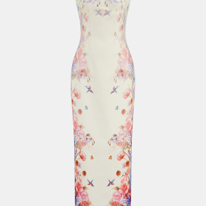 Strapless Floral Bird Print Maxi Dress